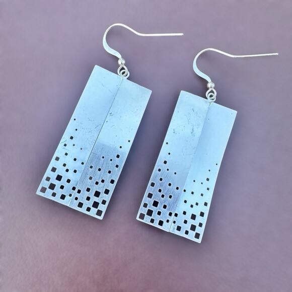Modern Geometric Dangle Earrings Cutout Squares Silver Tone Industrial Modernist - Picture 1 of 6
